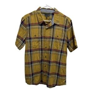 Toad & Co. Plaid Button Down Cotton Shirt Yellow Brown Plaid Casual